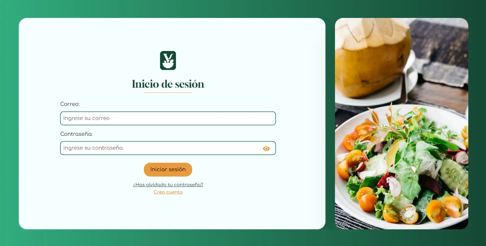 Pantalla de inicio de sesión en Veganimo